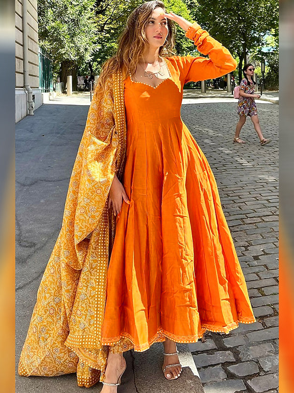 Mustard Anarkali Gown With Pant & Dupatta Set