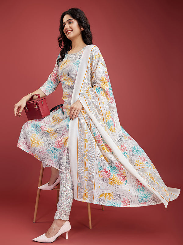 Cream Floral Cotton Printed Kurti With Pant & Dupatta Set