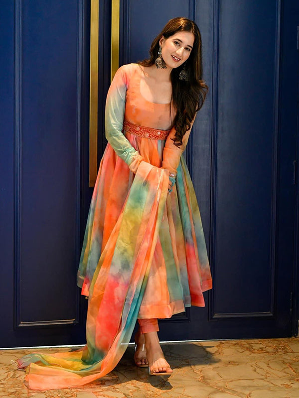 Multicolor Organza Printed Anarkali Suit With Pant & Dupatta Set