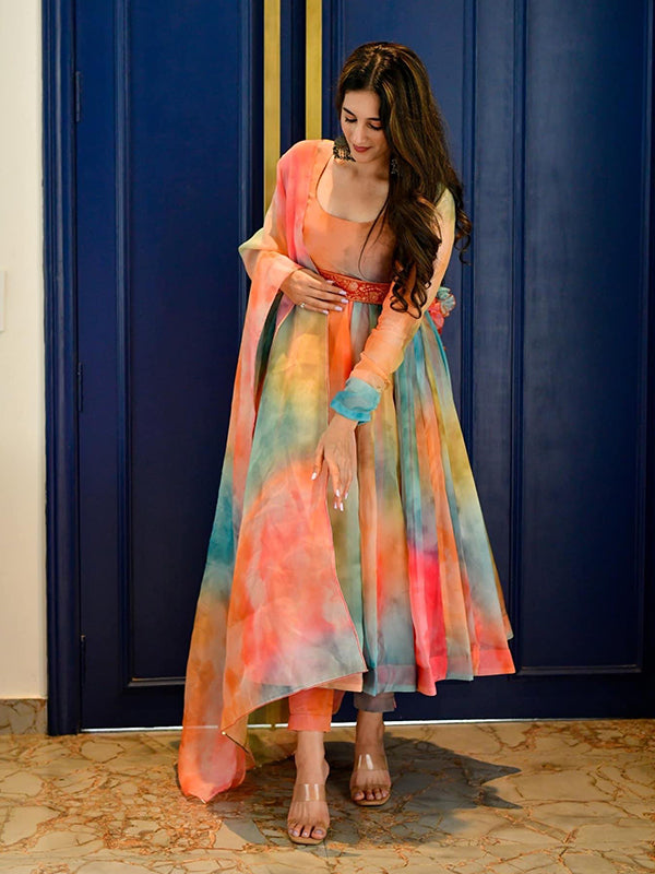 Multicolor Organza Printed Anarkali Suit With Pant & Dupatta Set