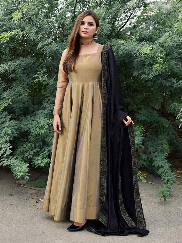 Bronze Gold Lama Anarkali Gown With Dupatta Set