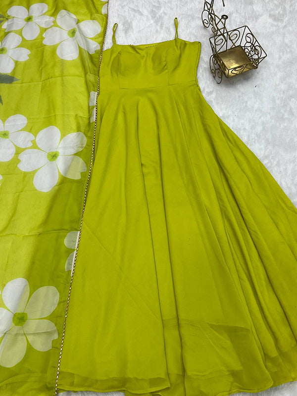 Light Green Georgette Plain Gown With Printed Dupatta Set