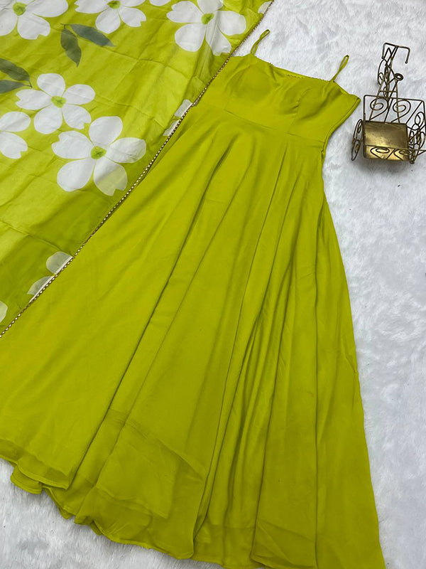 Light Green Georgette Plain Gown With Printed Dupatta Set