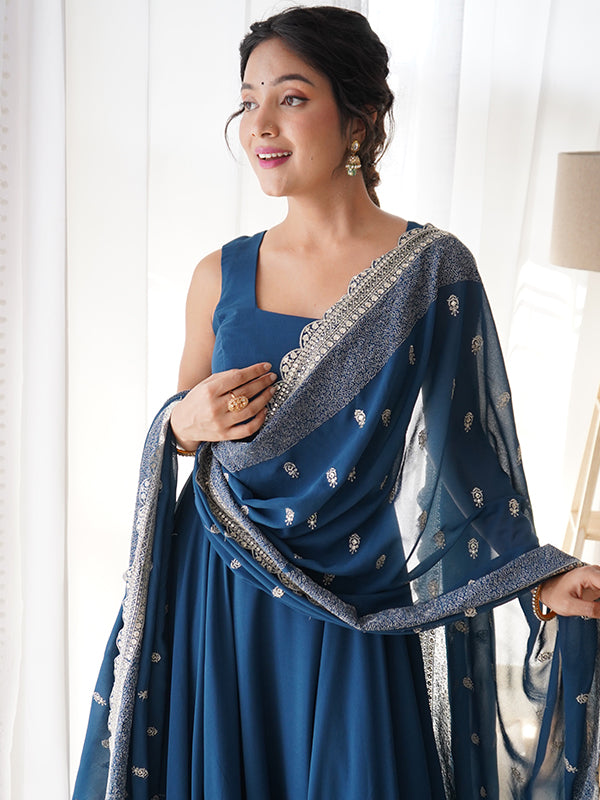 Rama Blue Anarkali Georgette Gown With Golden Dupatta Set