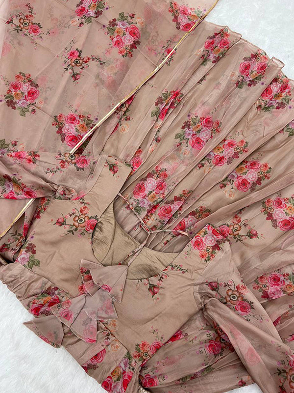 Beige Organza Printed Anarkali Gown With Pant & Dupatta Set