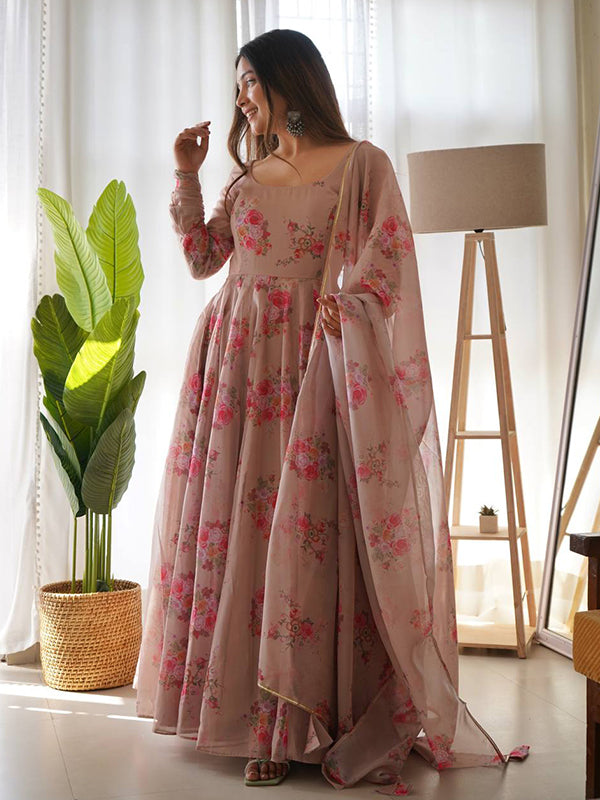 Beige Organza Printed Anarkali Gown With Pant & Dupatta Set