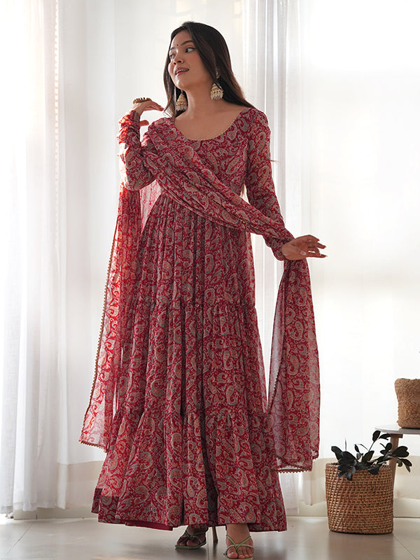 Layered Maroon Printed Anarkali Gown With Pant & Dupatta Set