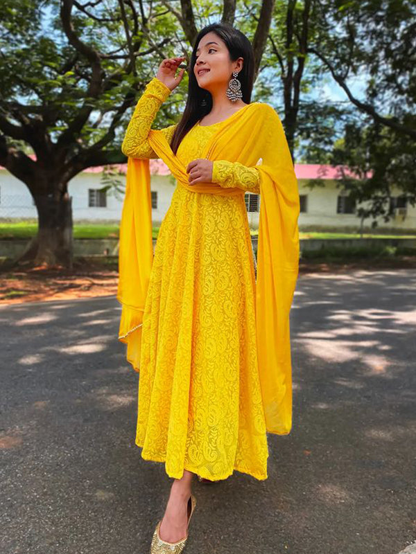 Stylish Yellow Chikankari Gown With Georgette Dupatta