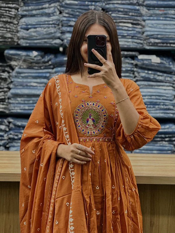 Orange Mal Cotton Pleated Kurti With Pant & Dupatta Set