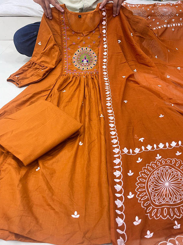 Orange Mal Cotton Pleated Kurti With Pant & Dupatta Set