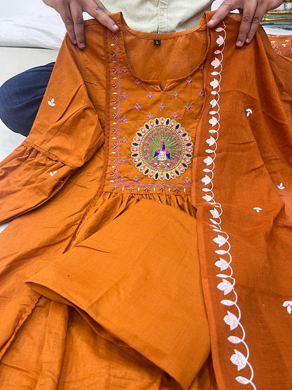 Orange Mal Cotton Pleated Kurti With Pant & Dupatta Set