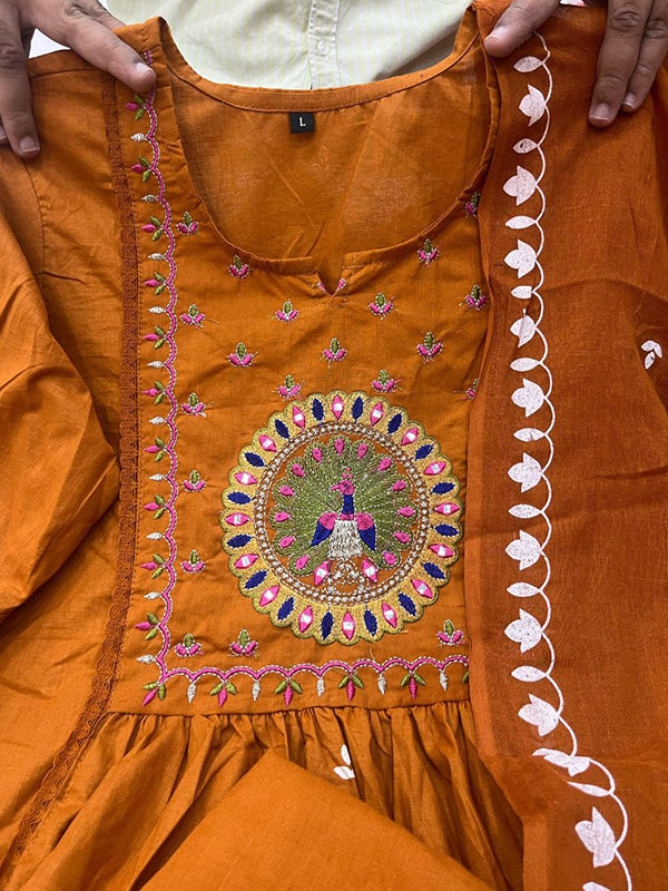 Orange Mal Cotton Pleated Kurti With Pant & Dupatta Set