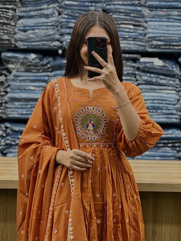 Orange Mal Cotton Pleated Kurti With Pant & Dupatta Set
