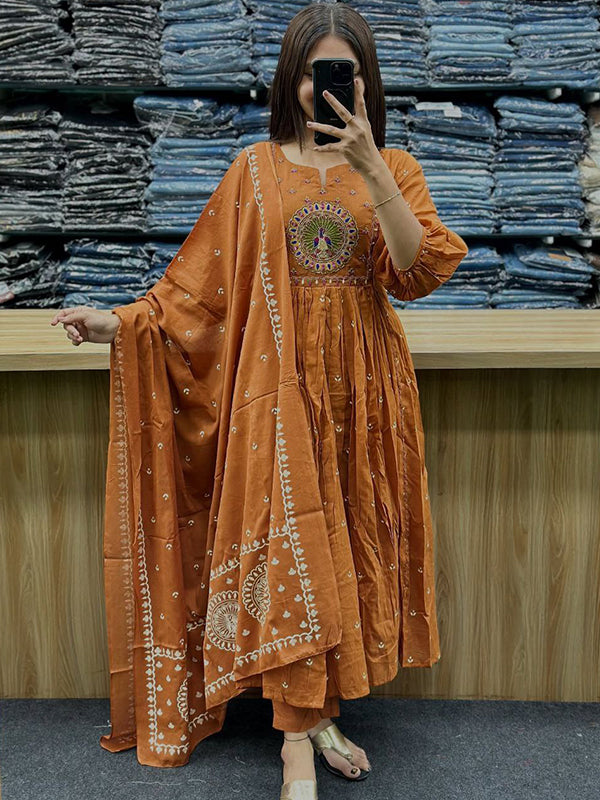 Orange Mal Cotton Pleated Kurti With Pant & Dupatta Set