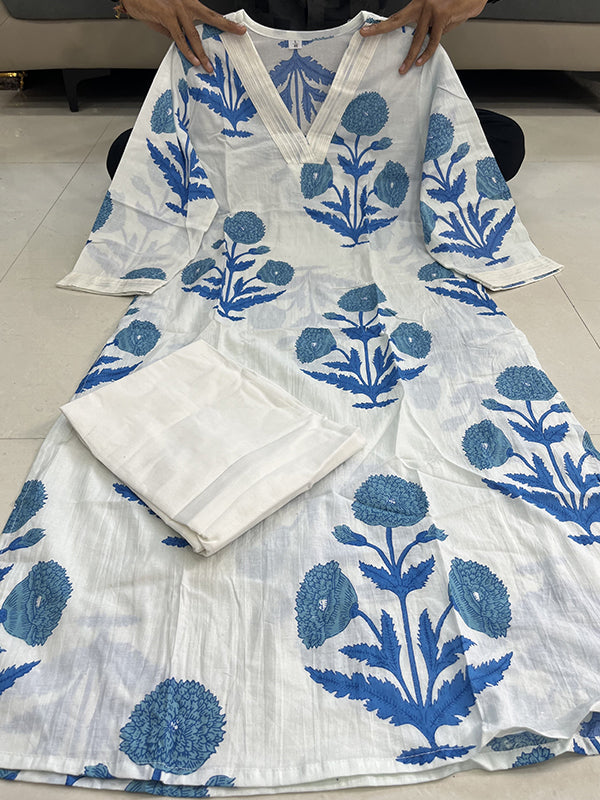 Blue Cotton Printed Kurta With Pant