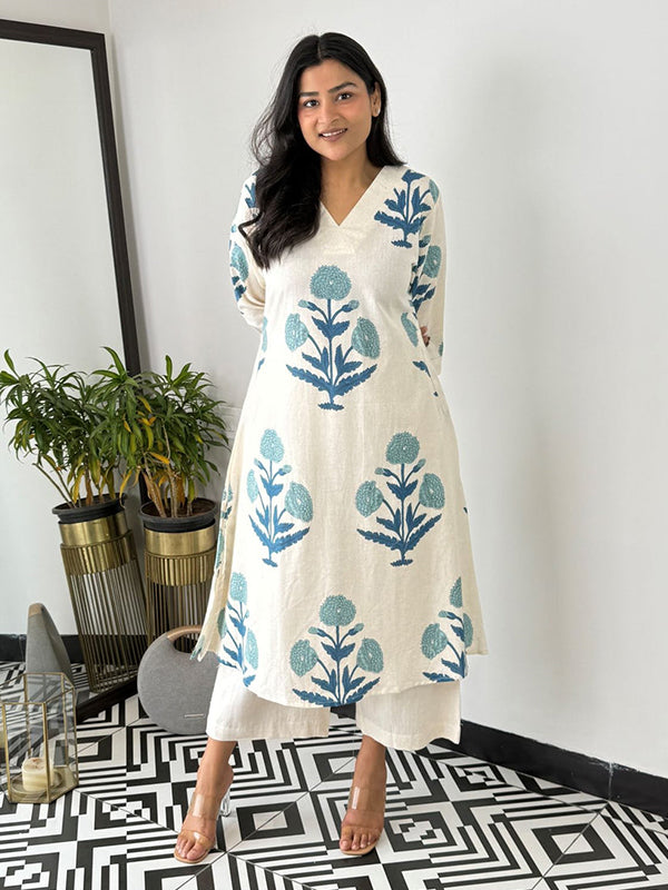 Blue Cotton Printed Kurta With Pant