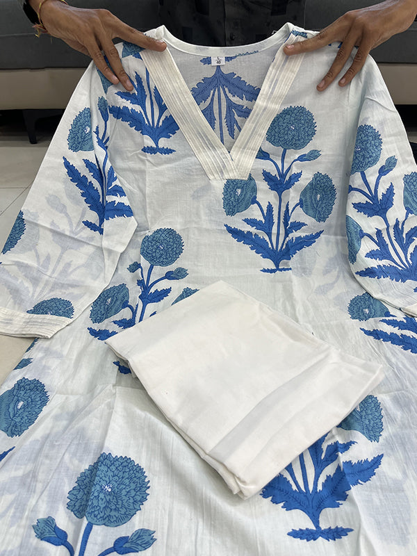 Blue Cotton Printed Kurta With Pant