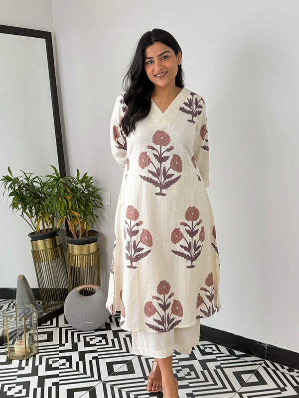 Brown Cotton Printed Kurta With Pant