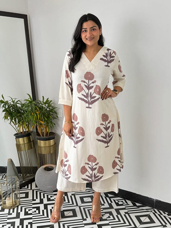 Brown Cotton Printed Kurta With Pant