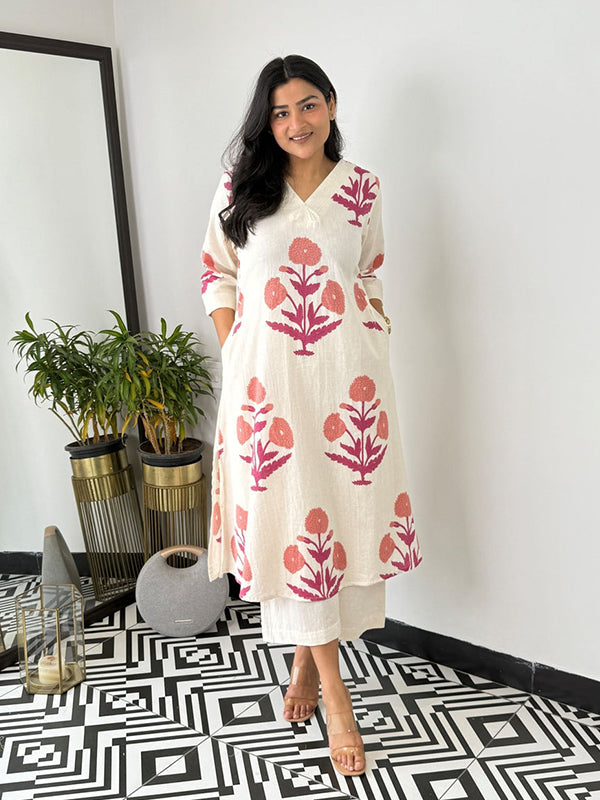 Pink Cotton Printed Kurta With Pant