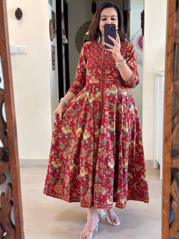Red Pure Cotton Front Slit Three Piece Kurti Set