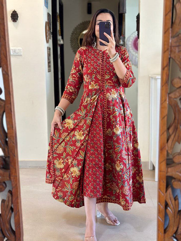 Red Pure Cotton Front Slit Three Piece Kurti Set