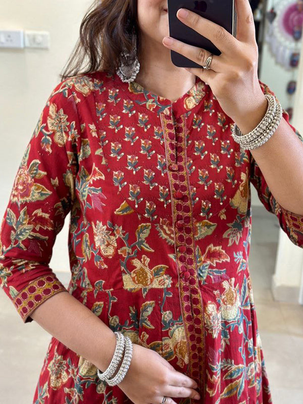 Red Pure Cotton Front Slit Three Piece Kurti Set