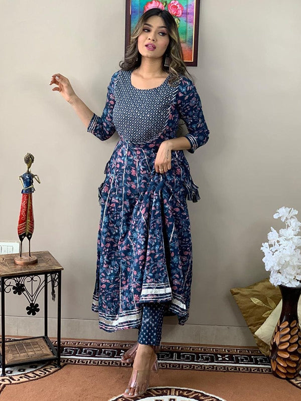 Designer Blue Printed Kurti With Pant Set