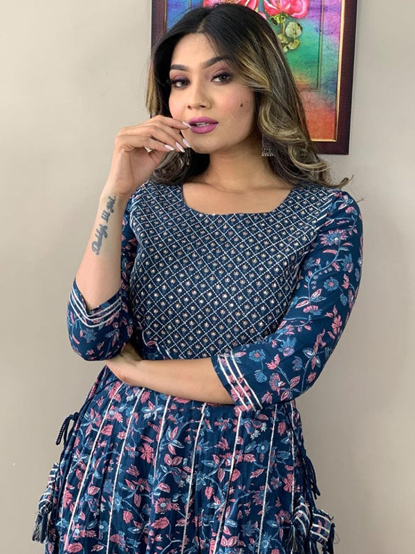 Designer Blue Printed Kurti With Pant Set
