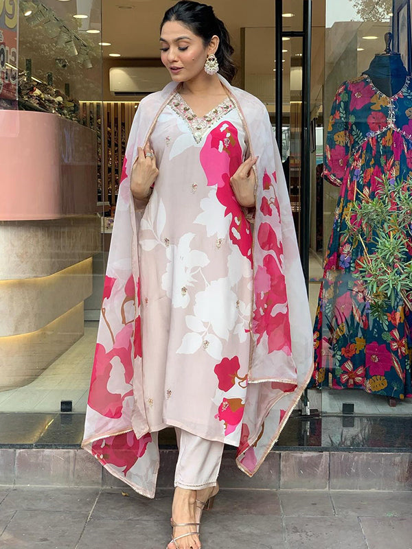 Beige Pink Taby Printed Kurti With Pant & Dupatta Set