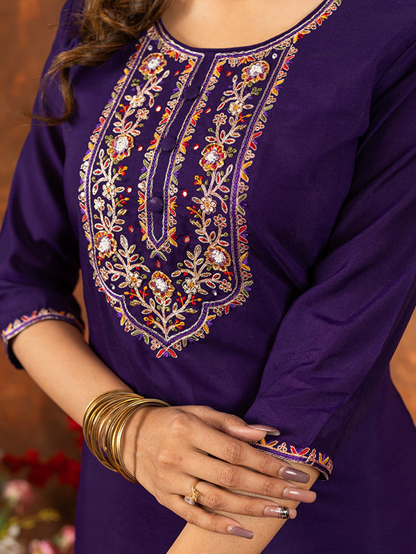 Purple Marina Silk Embroidered With Hand Work Suit Set