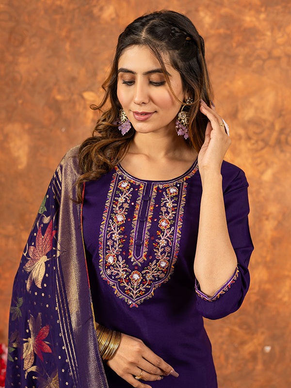 Purple Marina Silk Embroidered With Hand Work Suit Set