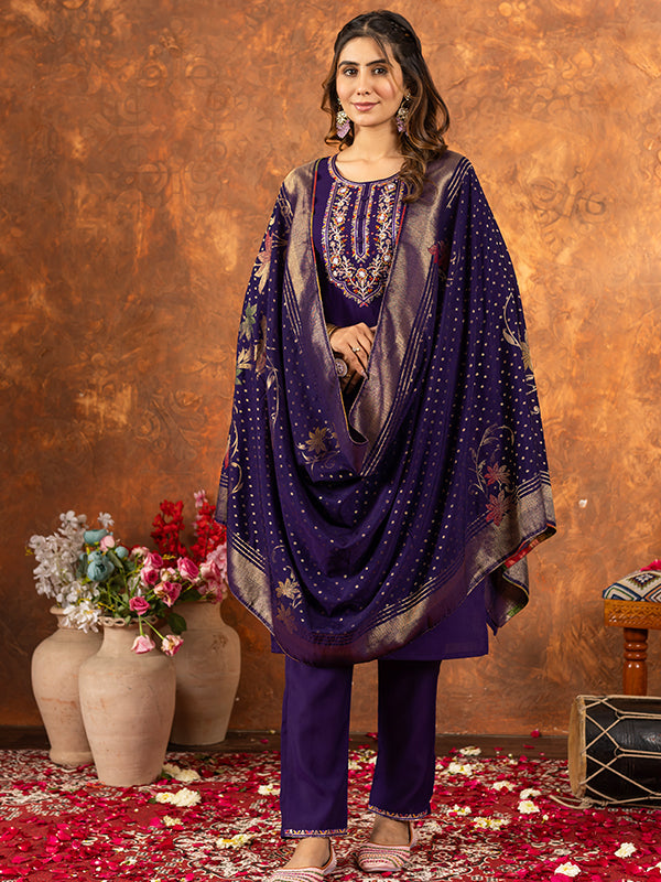 Purple Marina Silk Embroidered With Hand Work Suit Set