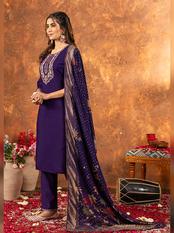 Purple Marina Silk Embroidered With Hand Work Suit Set