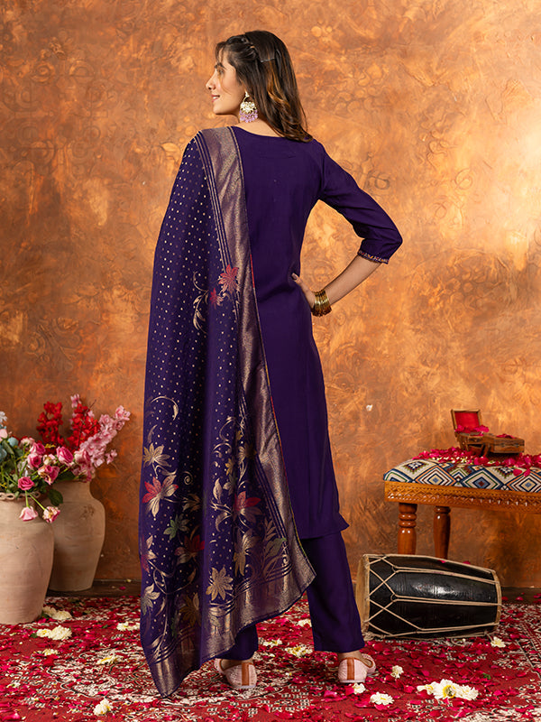 Purple Marina Silk Embroidered With Hand Work Suit Set