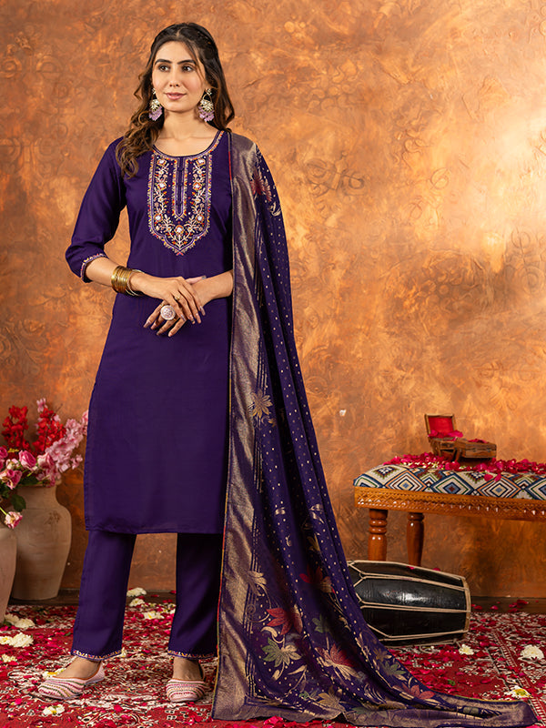 Purple Marina Silk Embroidered With Hand Work Suit Set