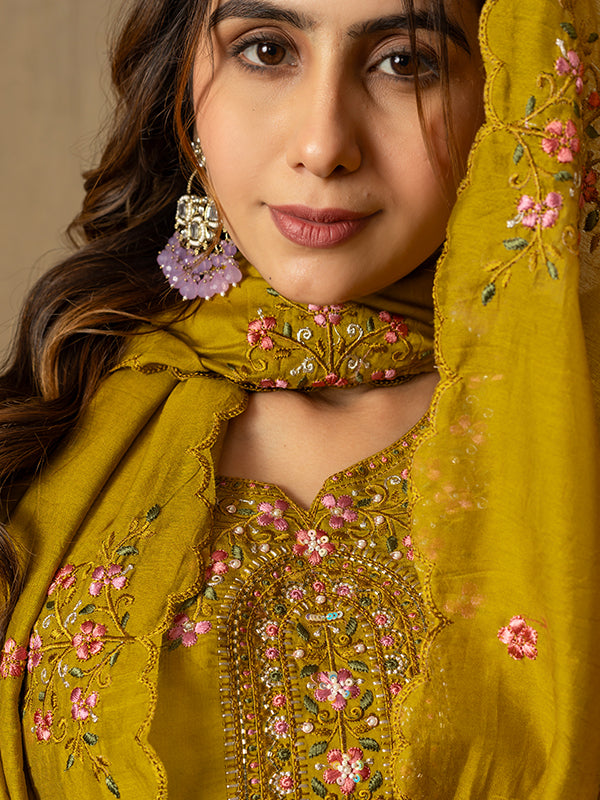 Mustard Roman Silk Embroidered With Hand Work Suit Set