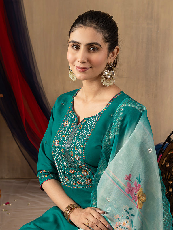 Rama Roman Silk Embroidered With Hand Work Suit Set