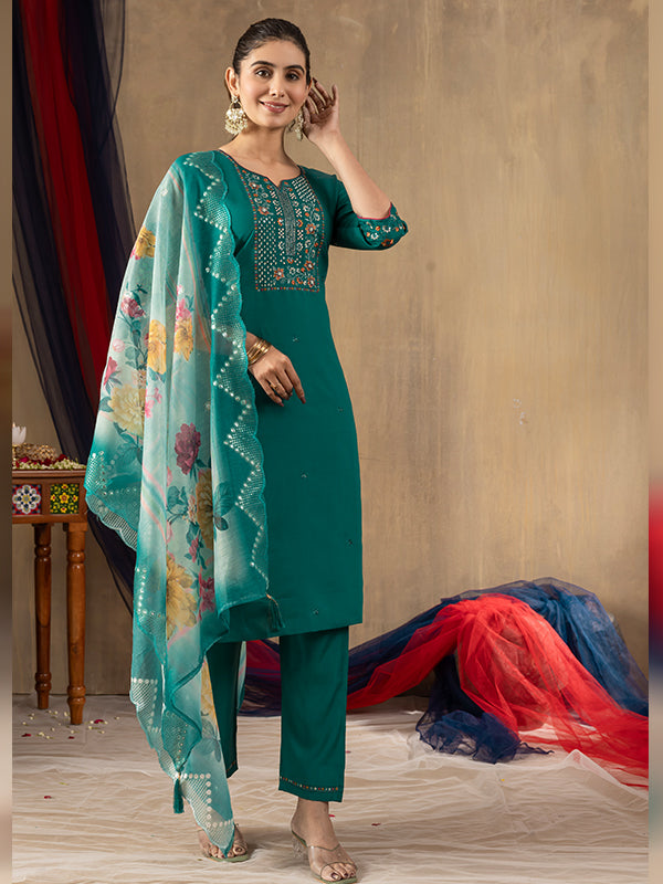 Rama Roman Silk Embroidered With Hand Work Suit Set