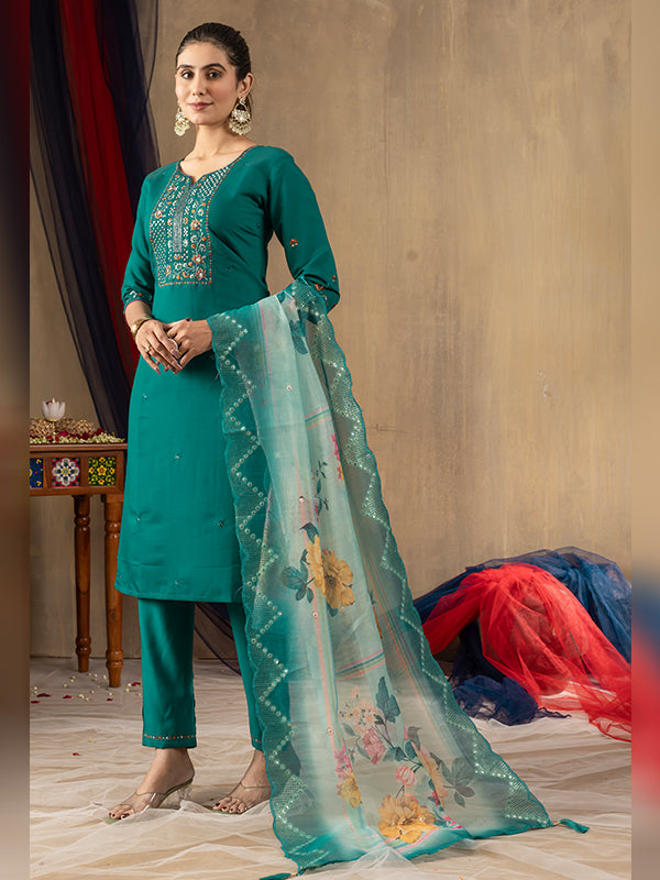 Rama Roman Silk Embroidered With Hand Work Suit Set