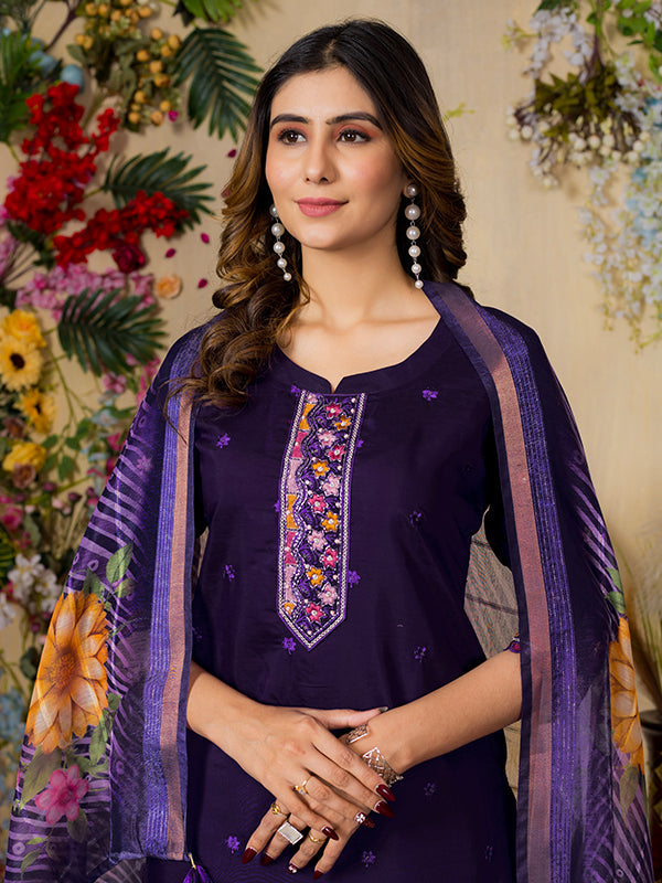 Purple Roman Silk Embroidered With Hand Work Suit Set