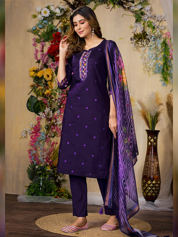 Purple Roman Silk Embroidered With Hand Work Suit Set