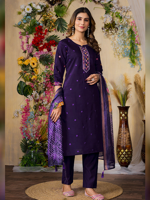 Purple Roman Silk Embroidered With Hand Work Suit Set