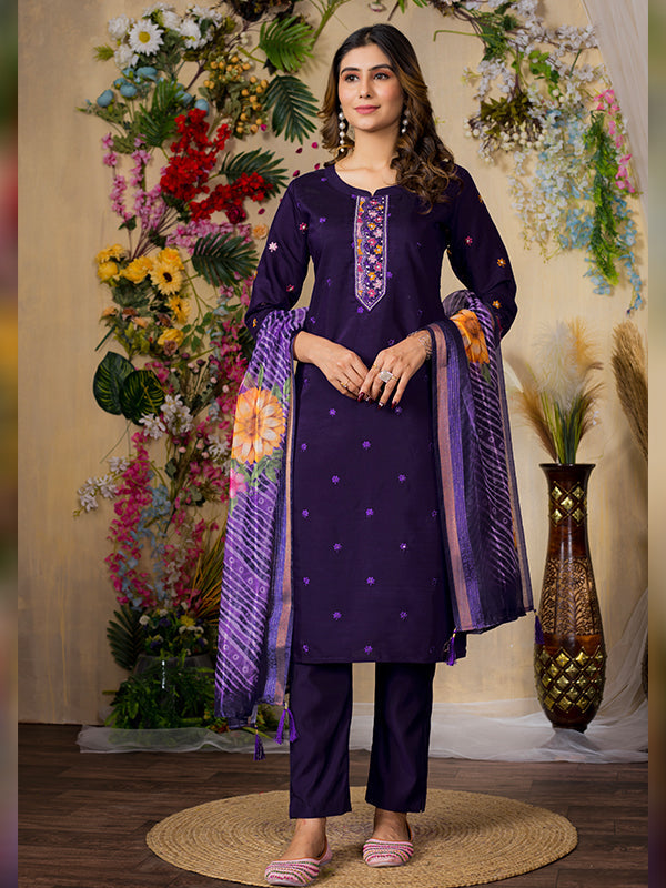 Purple Roman Silk Embroidered With Hand Work Suit Set