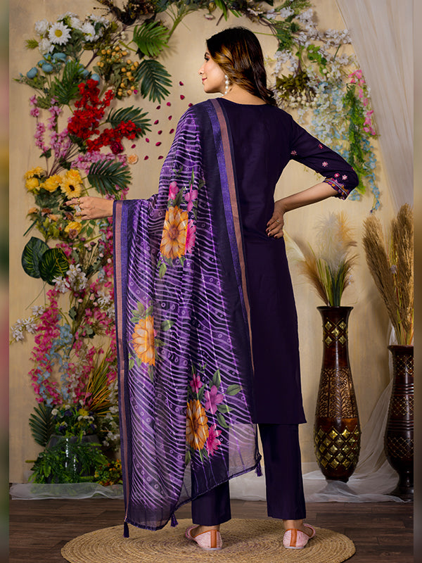 Purple Roman Silk Embroidered With Hand Work Suit Set