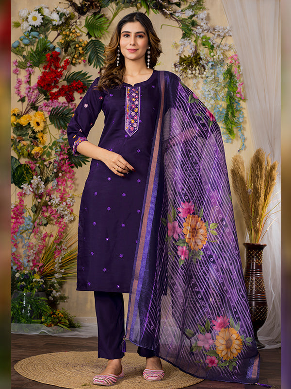 Purple Roman Silk Embroidered With Hand Work Suit Set