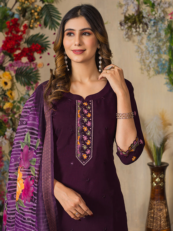 Wine Roman Silk Embroidered With Hand Work Suit Set