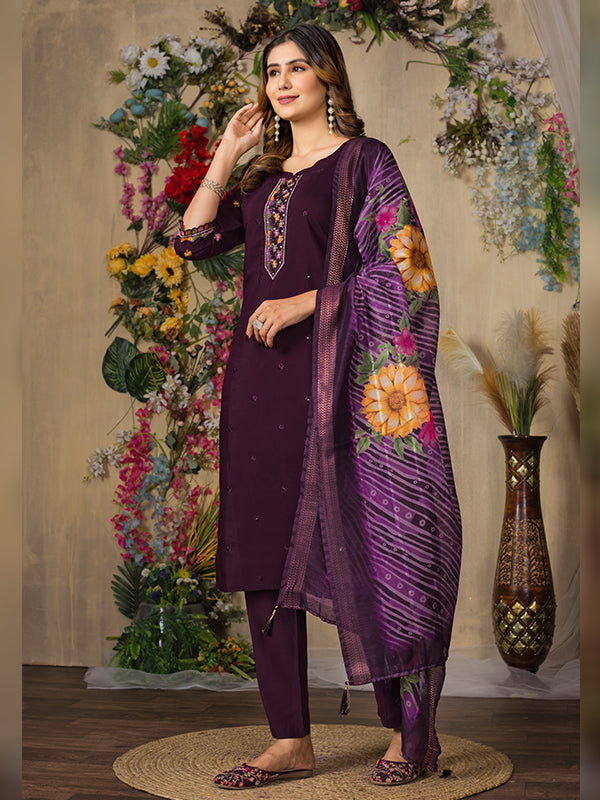 Wine Roman Silk Embroidered With Hand Work Suit Set