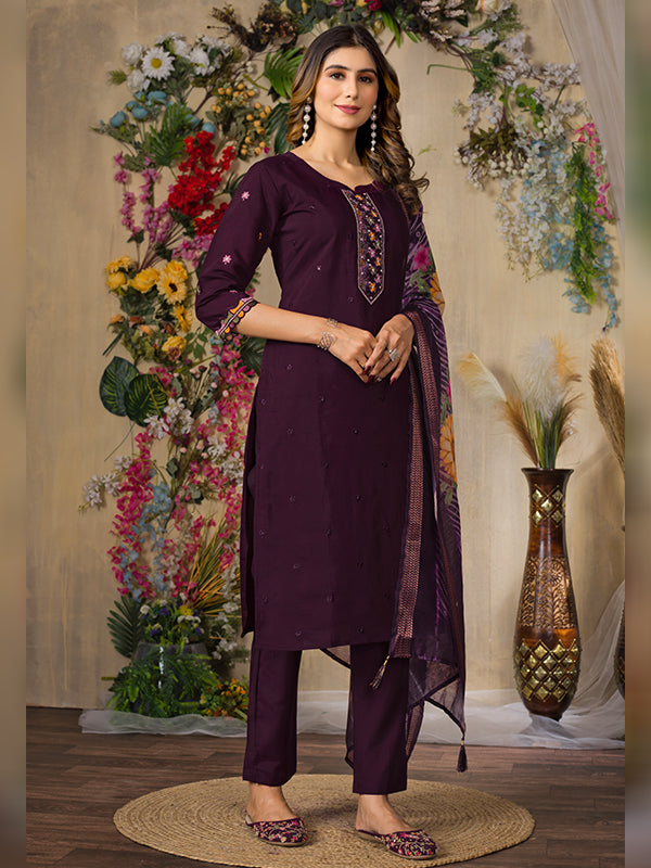 Wine Roman Silk Embroidered With Hand Work Suit Set