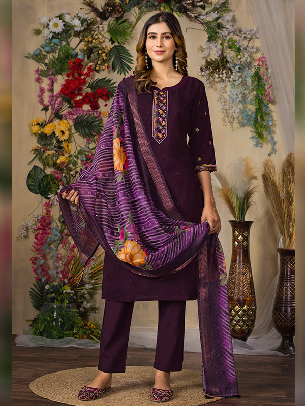 Wine Roman Silk Embroidered With Hand Work Suit Set
